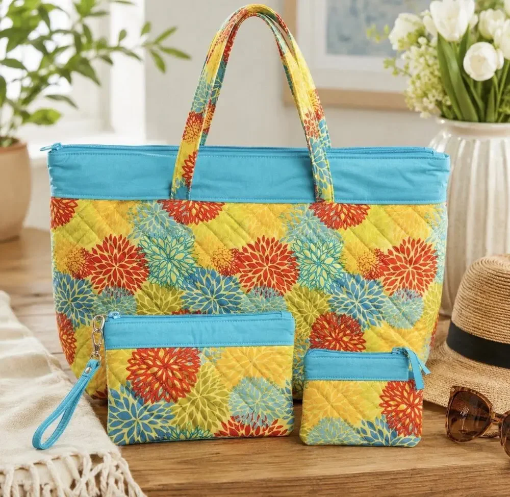 NWT Gregg Gift Co Ins. Quilted Mums Tote Bag NWT Zip Top + Wristlet Coin Purse